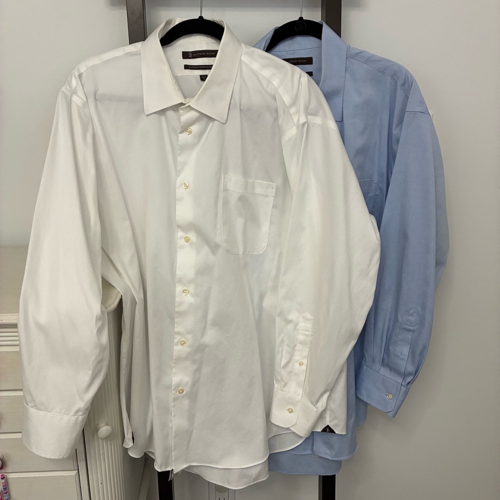 2 Men's Hudson Room Dress Shirts. Size 18.5. One blue and one white shirt.